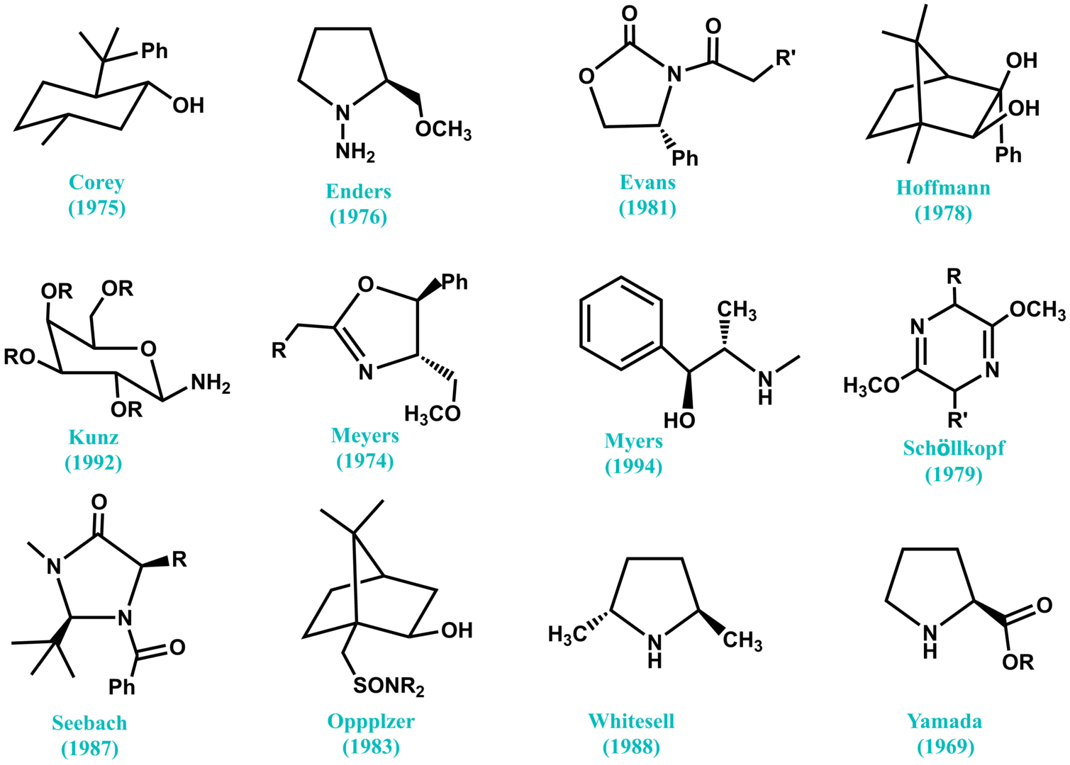 Selected chiral auxiliaries that have been successfully employed in  asymmetric synthesis.