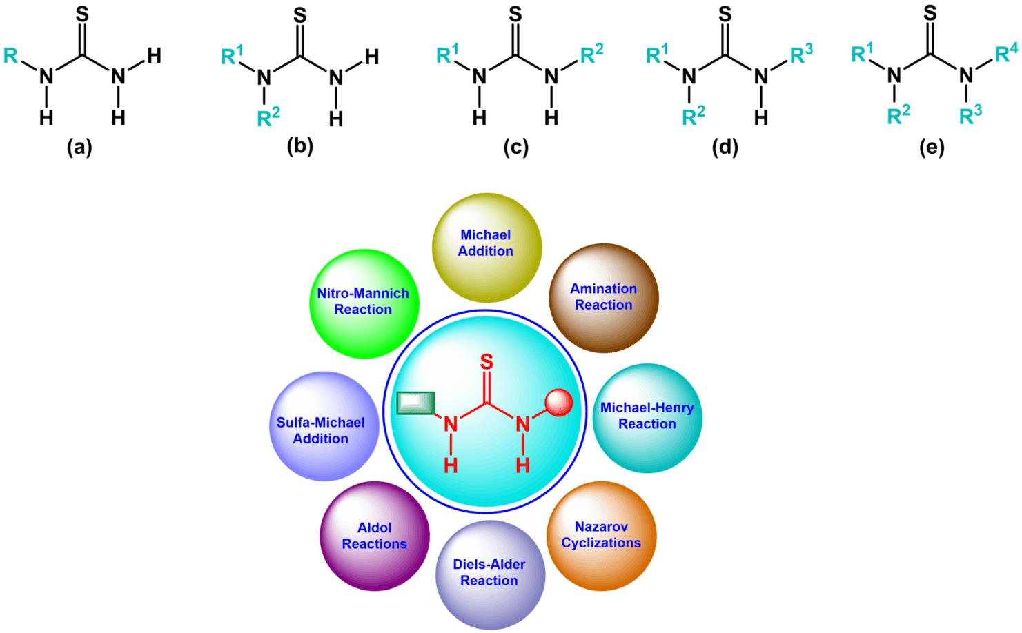 Types of thioureas: (a) monosubstituted; (b) 1,1-disubstituted; (c)  1,3-disubstituted; (d) trisubstituted; (e) tetrasubstituted.