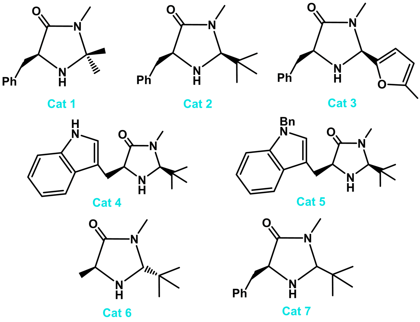 Principal imidazolidinone catalysts for iminium ion, enamine and SOMO  catalysed transformations.